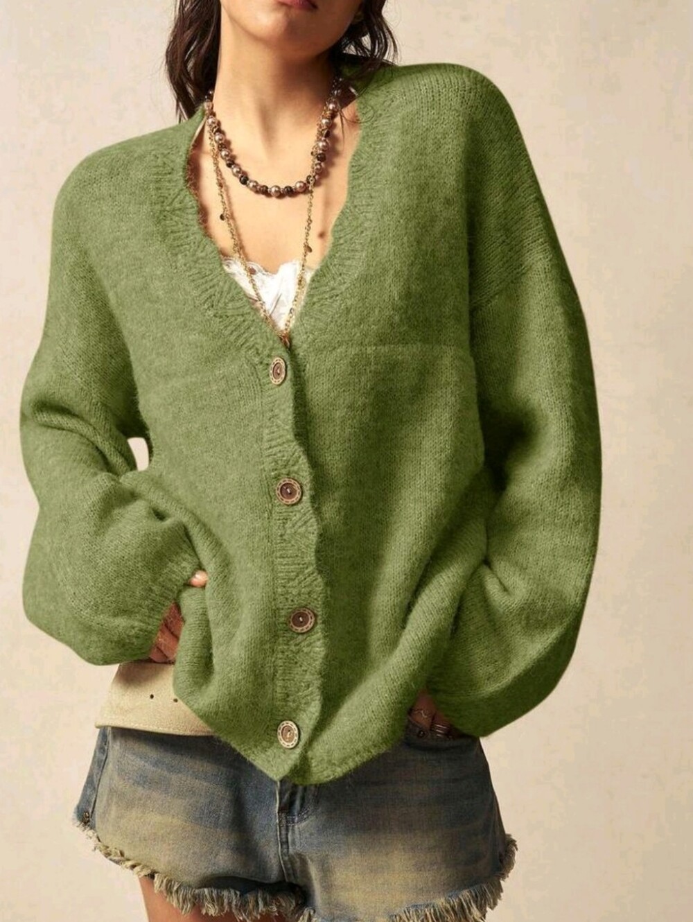 New Oversized Knit Cardigan Sweater Button Up Pockets Scalloped Trim Green Wool